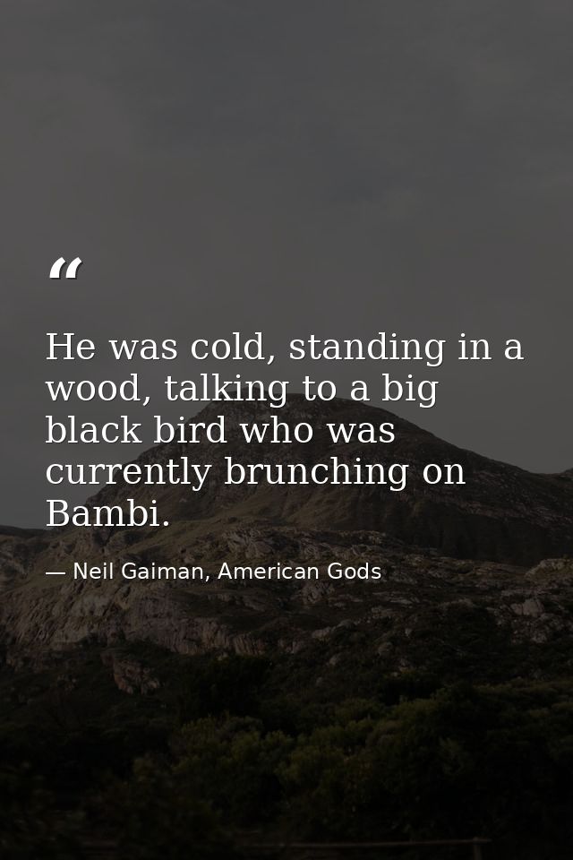 He was cold, standing in a wood, talking to a big black bird who was currently brunching on Bambi. — Neil Gaiman, American Gods