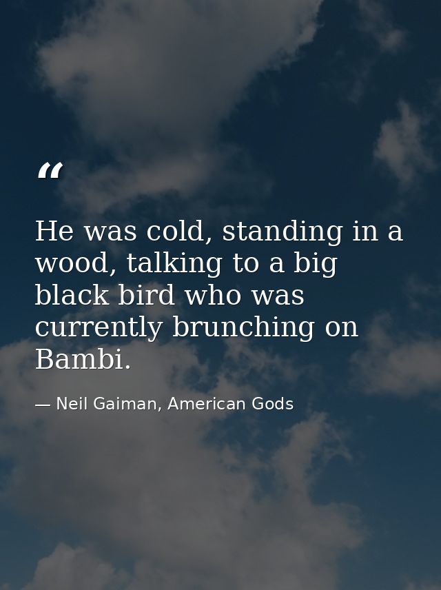 He was cold, standing in a wood, talking to a big black bird who was currently brunching on Bambi. — Neil Gaiman, American Gods