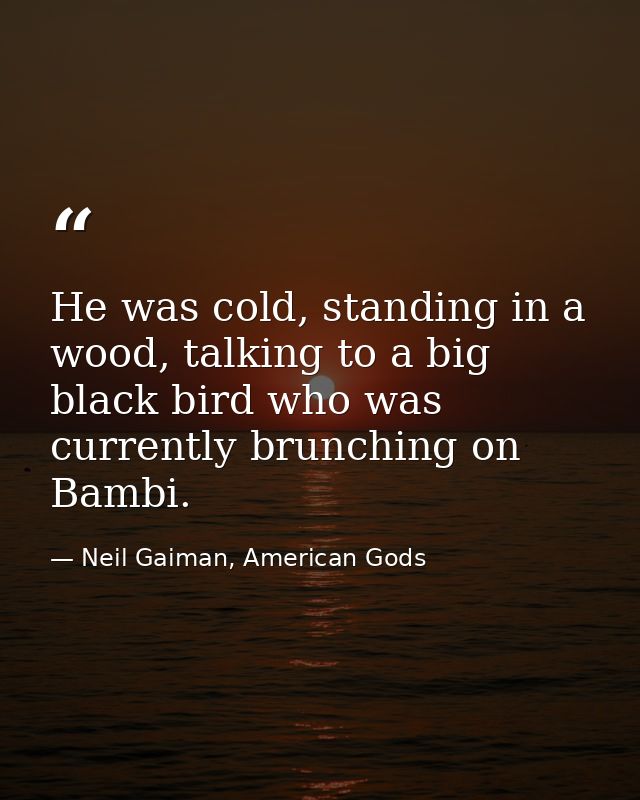 He was cold, standing in a wood, talking to a big black bird who was currently brunching on Bambi. — Neil Gaiman, American Gods
