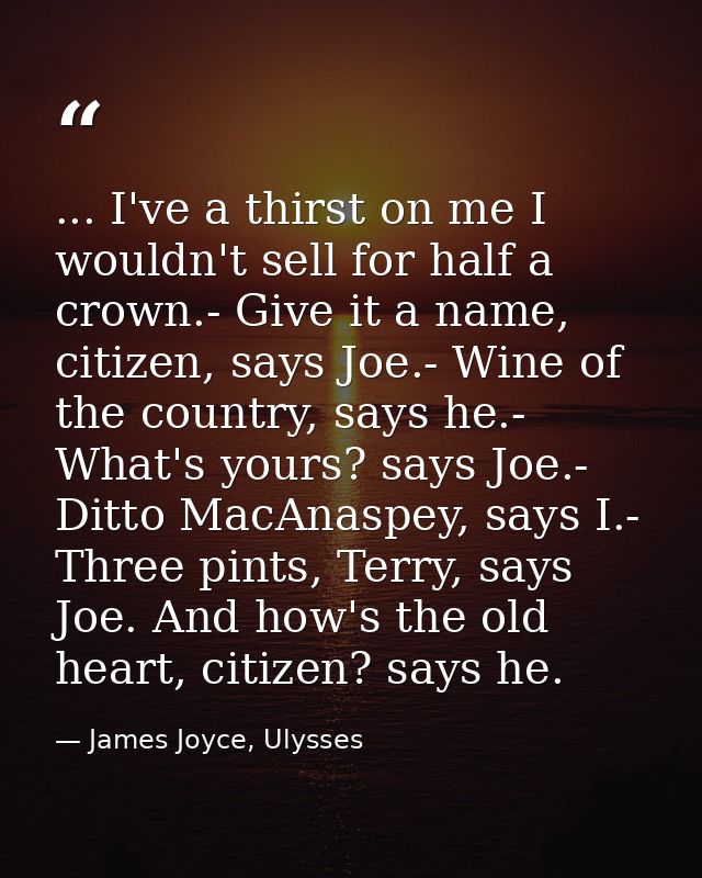 ... I've a thirst on me I wouldn't sell for half a crown.- Give it a name, citizen, says Joe.- Wine of the country, says — James Joyce, Ulysses
