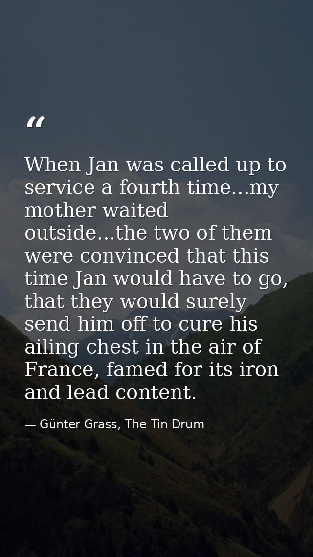 When Jan was called up to service a fourth time...my mother waited outside...the two of them were convinced that this ti — Günter Grass, The Tin Drum