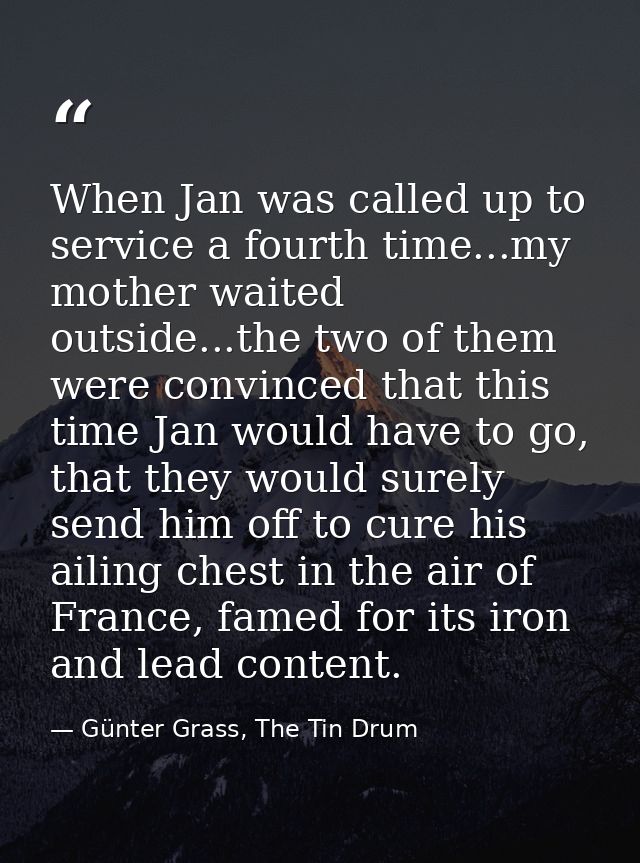 When Jan was called up to service a fourth time...my mother waited outside...the two of them were convinced that this ti — Günter Grass, The Tin Drum