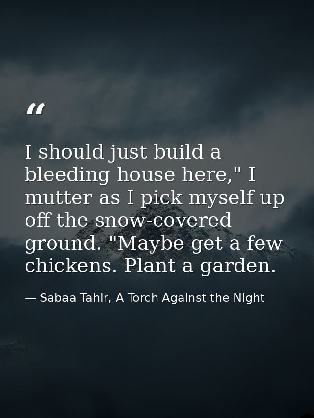 I should just build a bleeding house here," I mutter as I pick myself up off the snow-covered ground. "Maybe get a few c — Sabaa Tahir, A Torch Against the Night