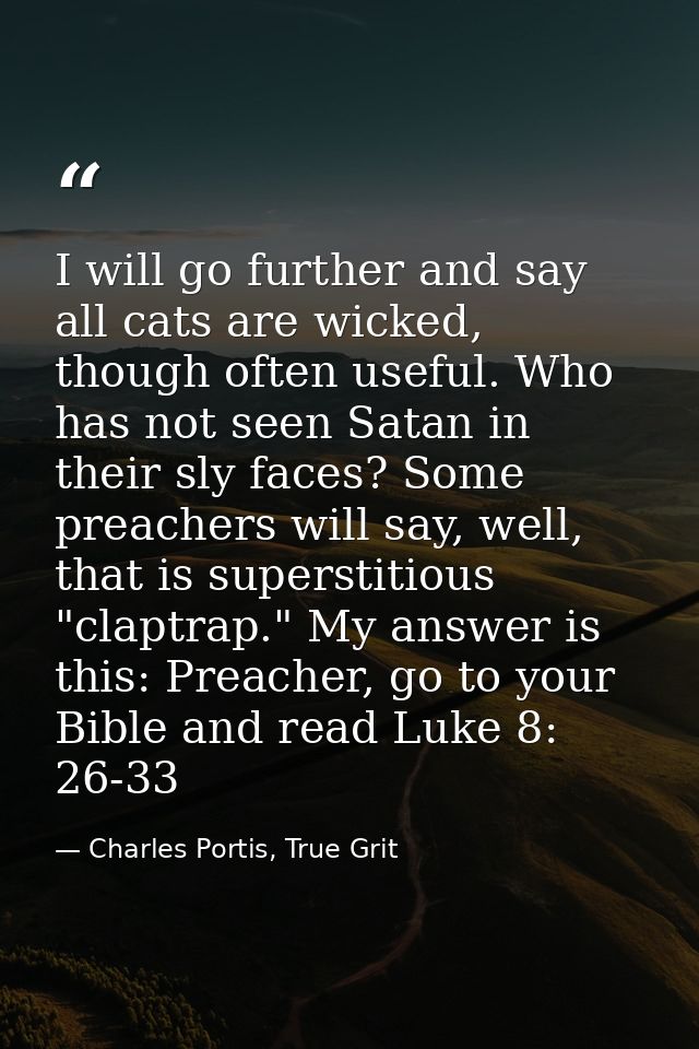 I will go further and say all cats are wicked, though often useful. Who has not seen Satan in their sly faces? Some prea — Charles Portis, True Grit