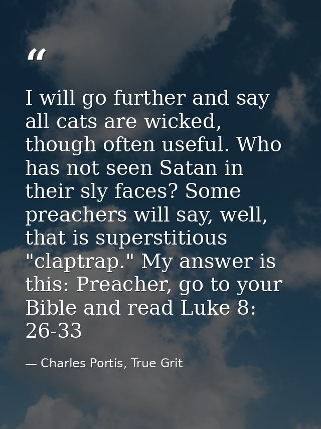 I will go further and say all cats are wicked, though often useful. Who has not seen Satan in their sly faces? Some prea — Charles Portis, True Grit