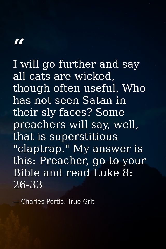 I will go further and say all cats are wicked, though often useful. Who has not seen Satan in their sly faces? Some prea — Charles Portis, True Grit