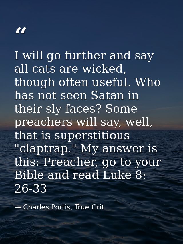 I will go further and say all cats are wicked, though often useful. Who has not seen Satan in their sly faces? Some prea — Charles Portis, True Grit