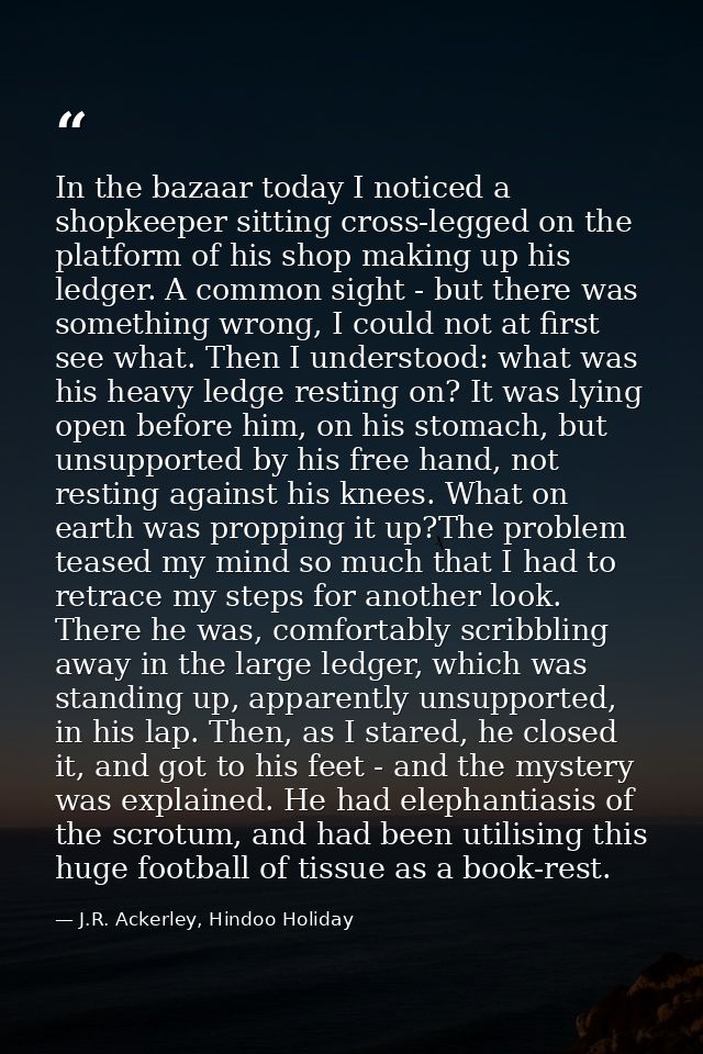 In the bazaar today I noticed a shopkeeper sitting cross-legged on the platform of his shop making up his ledger. A comm — J.R. Ackerley, Hindoo Holiday