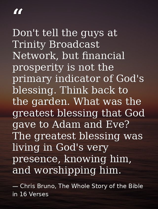 Don't tell the guys at Trinity Broadcast Network, but financial prosperity is not the primary indicator of God's blessin — Chris Bruno, The Whole Story of the Bible in 16 Verses