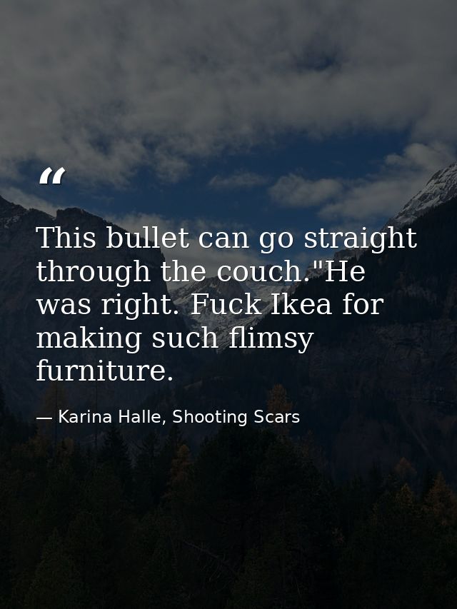 This bullet can go straight through the couch."He was right. Fuck Ikea for making such flimsy furniture. — Karina Halle, Shooting Scars