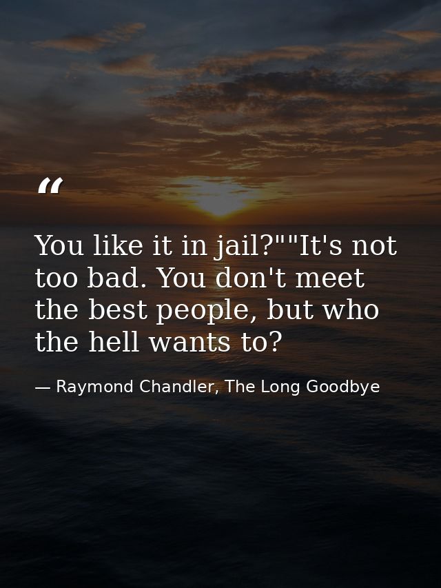 You like it in jail?""It's not too bad. You don't meet the best people, but who the hell wants to? — Raymond Chandler, The Long Goodbye
