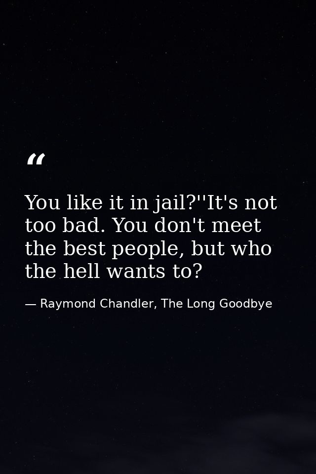 You like it in jail?''It's not too bad. You don't meet the best people, but who the hell wants to? — Raymond Chandler, The Long Goodbye