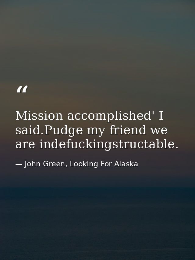 Mission accomplished' I said.Pudge my friend we are indefuckingstructable. — John Green, Looking For Alaska