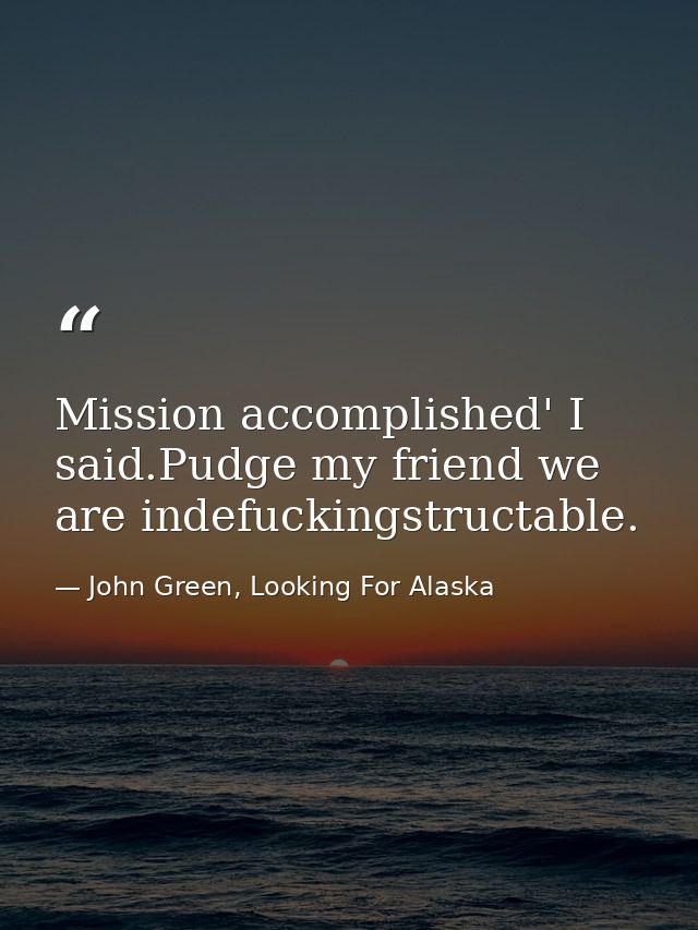 Mission accomplished' I said.Pudge my friend we are indefuckingstructable. — John Green, Looking For Alaska