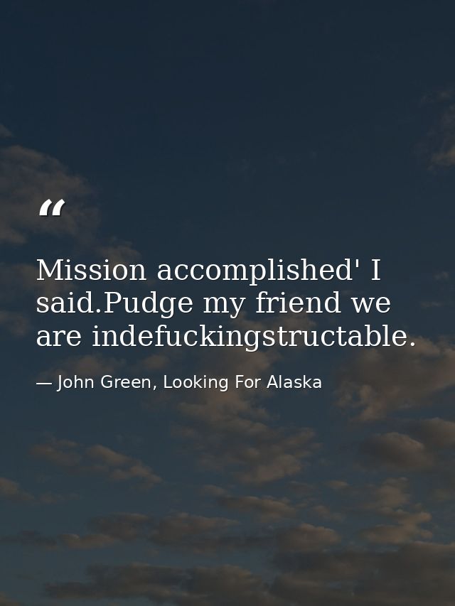 Mission accomplished' I said.Pudge my friend we are indefuckingstructable. — John Green, Looking For Alaska