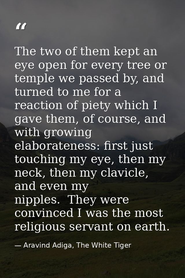 The two of them kept an eye open for every tree or temple we passed by, and turned to me for a reaction of piety which I — Aravind Adiga, The White Tiger