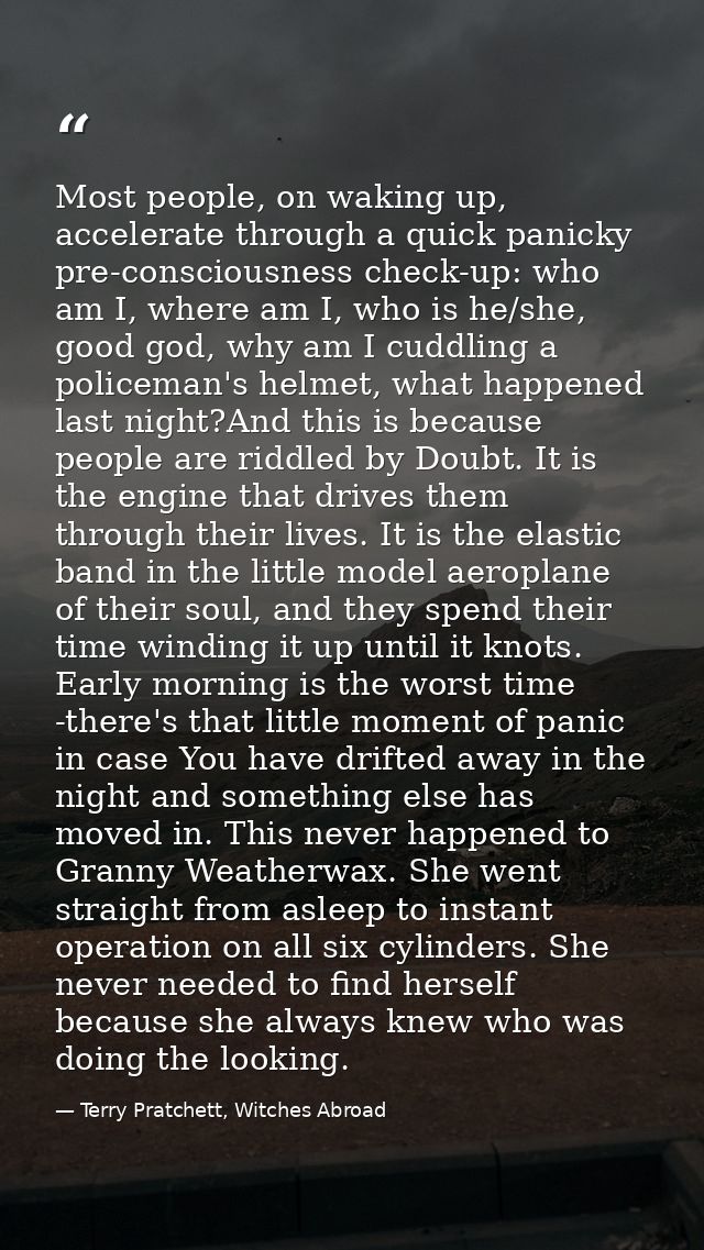Most people, on waking up, accelerate through a quick panicky pre-consciousness check-up: who am I, where am I, who is h — Terry Pratchett, Witches Abroad