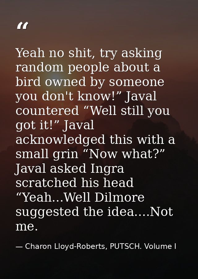 Yeah no shit, try asking random people about a bird owned by someone you don't know!” Javal countered “Well still you go — Charon Lloyd-Roberts, PUTSCH. Volume I