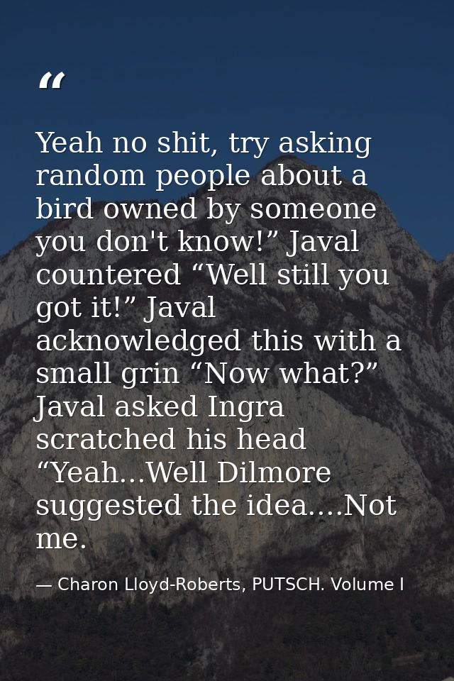 Yeah no shit, try asking random people about a bird owned by someone you don't know!” Javal countered “Well still you go — Charon Lloyd-Roberts, PUTSCH. Volume I