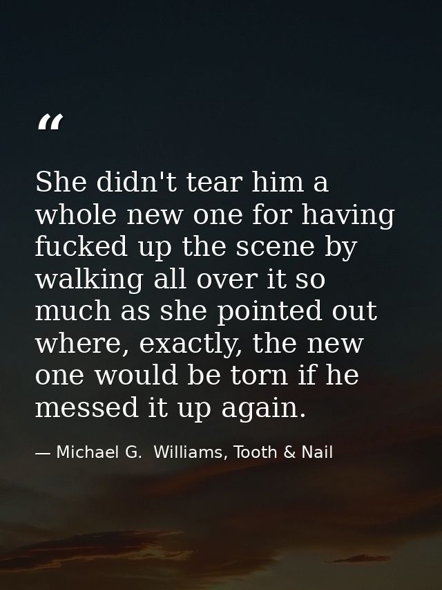 She didn't tear him a whole new one for having fucked up the scene by walking all over it so much as she pointed out whe — Michael G.  Williams, Tooth & Nail