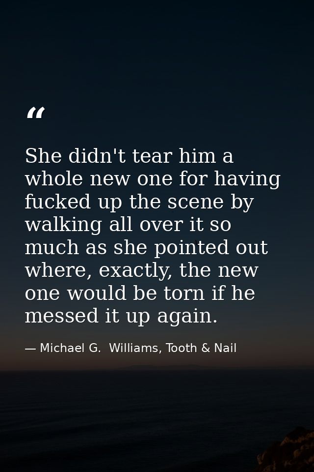 She didn't tear him a whole new one for having fucked up the scene by walking all over it so much as she pointed out whe — Michael G.  Williams, Tooth & Nail