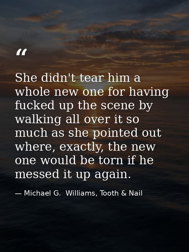 She didn't tear him a whole new one for having fucked up the scene by walking all over it so much as she pointed out whe — Michael G.  Williams, Tooth & Nail