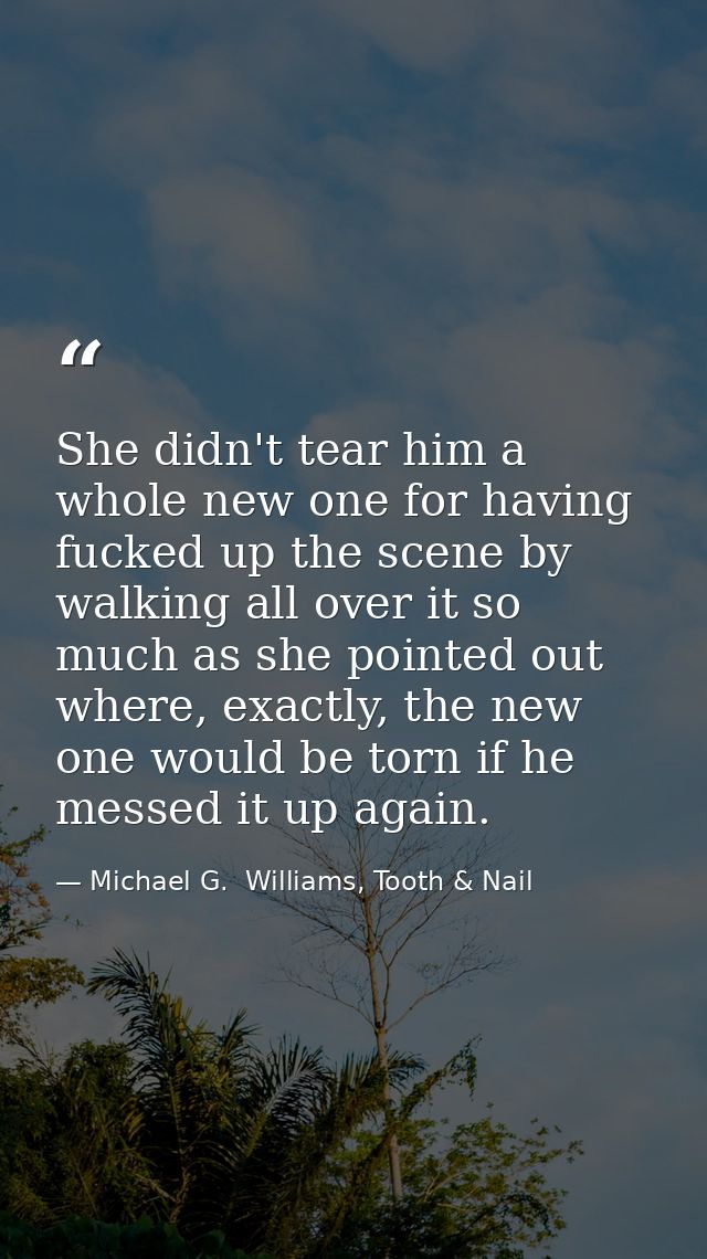 She didn't tear him a whole new one for having fucked up the scene by walking all over it so much as she pointed out whe — Michael G.  Williams, Tooth & Nail