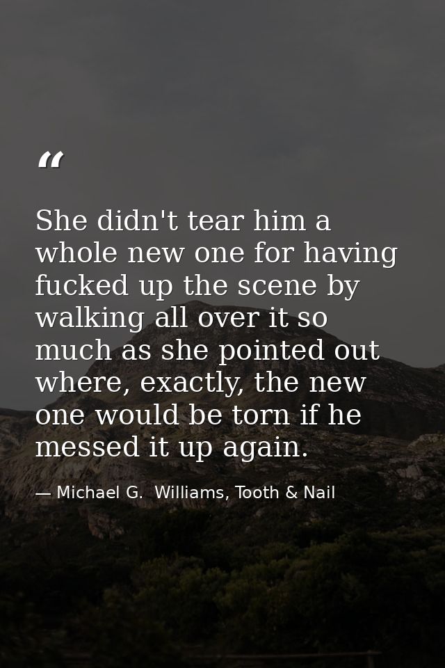 She didn't tear him a whole new one for having fucked up the scene by walking all over it so much as she pointed out whe — Michael G.  Williams, Tooth & Nail