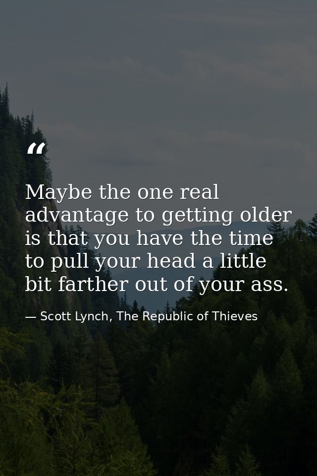 Maybe the one real advantage to getting older is that you have the time to pull your head a little bit farther out of yo — Scott Lynch, The Republic of Thieves