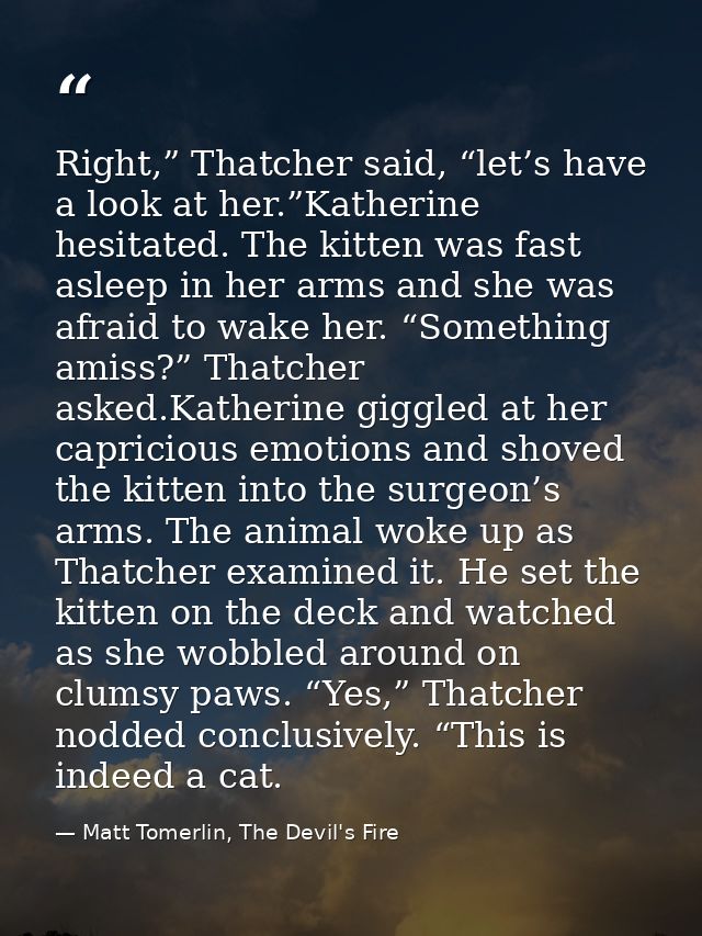 Right,” Thatcher said, “let’s have a look at her.”Katherine hesitated. The kitten was fast asleep in her arms and she wa — Matt Tomerlin, The Devil's Fire