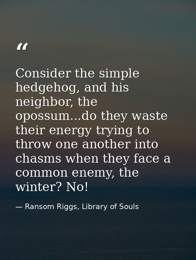Consider the simple hedgehog, and his neighbor, the opossum...do they waste their energy trying to throw one another int — Ransom Riggs, Library of Souls