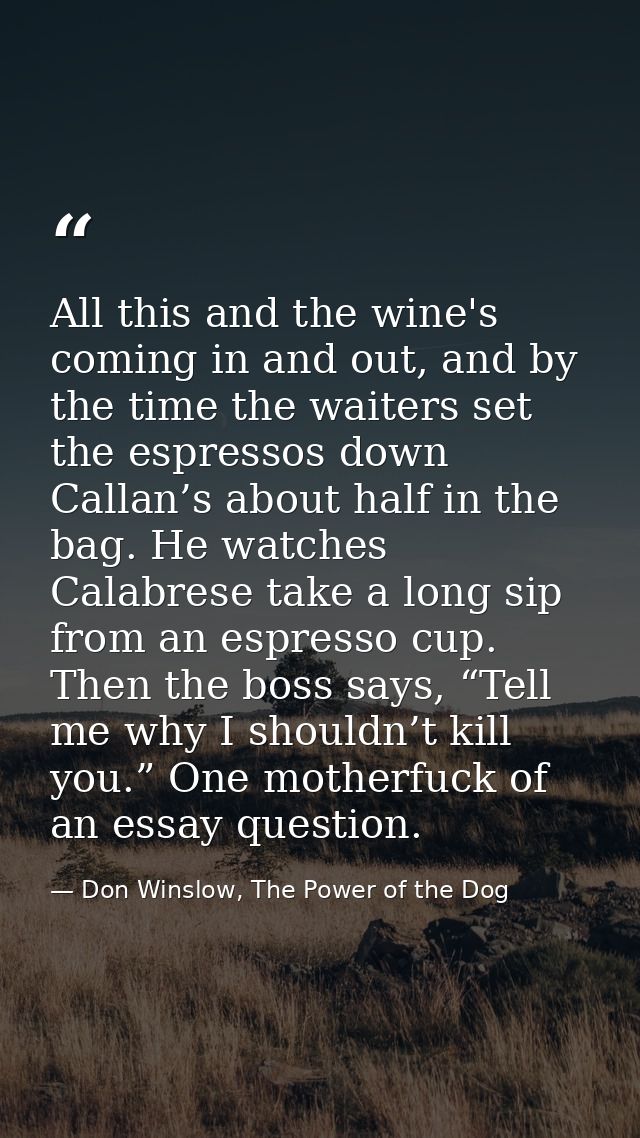 All this and the wine's coming in and out, and by the time the waiters set the espressos down Callan’s about half in the — Don Winslow, The Power of the Dog