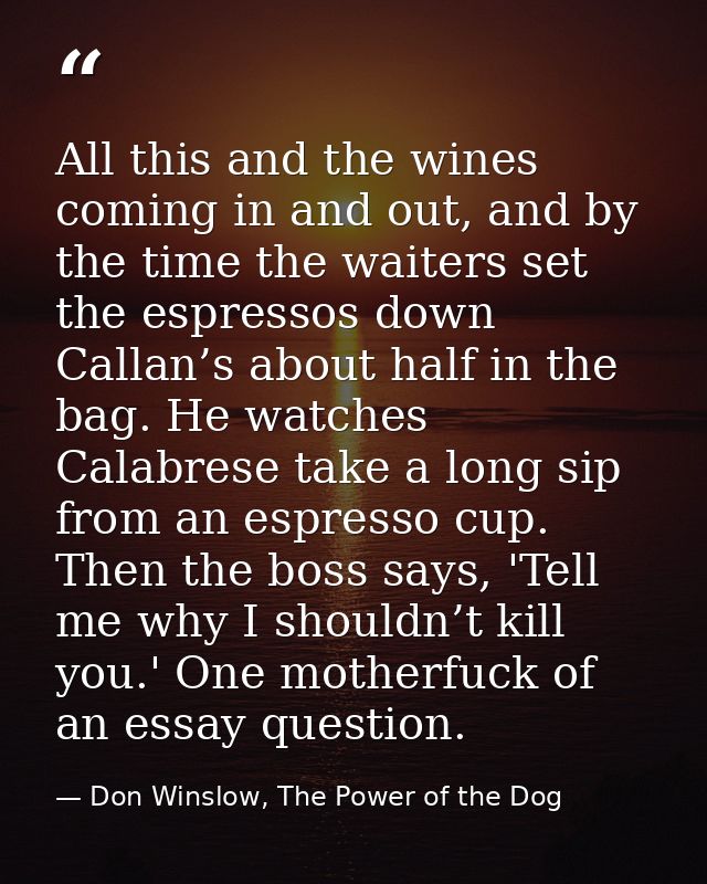 All this and the wines coming in and out, and by the time the waiters set the espressos down Callan’s about half in the  — Don Winslow, The Power of the Dog