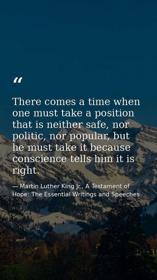There comes a time when one must take a position that is neither safe, nor politic, nor popular, but he must take it bec — Martin Luther King Jr., A Testament of Hope: The Essential Writings and Speeches