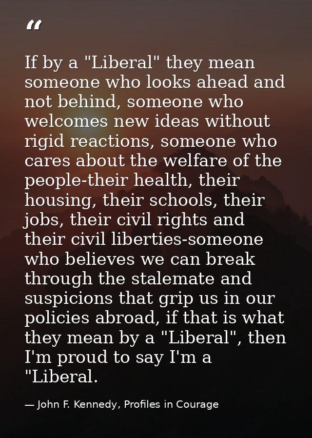 If by a "Liberal" they mean someone who looks ahead and not behind, someone who welcomes new ideas without rigid reactio — John F. Kennedy, Profiles in Courage