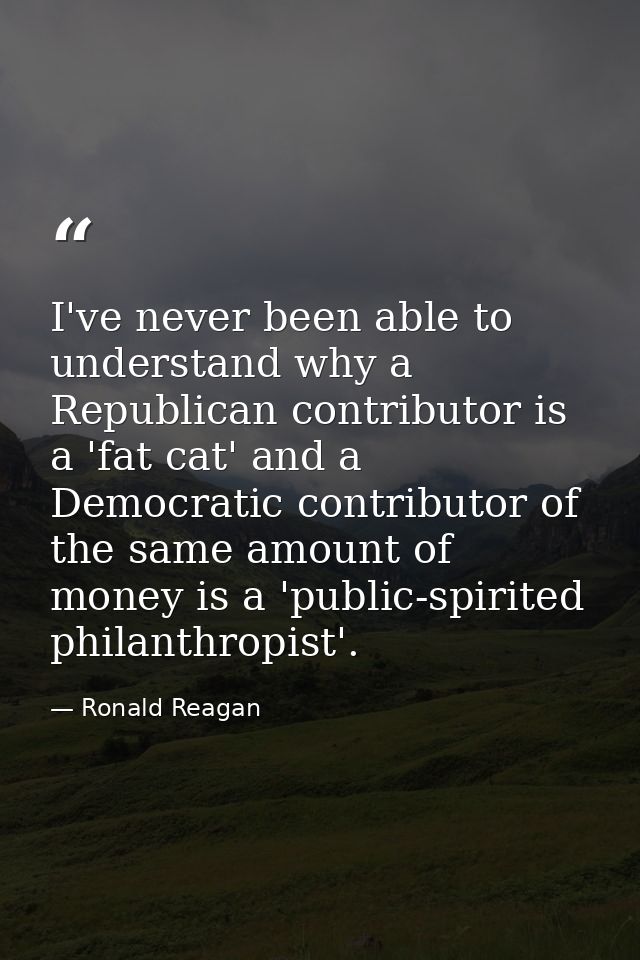 I've never been able to understand why a Republican contributor is a 'fat cat' and a Democratic contributor of the same  — Ronald Reagan