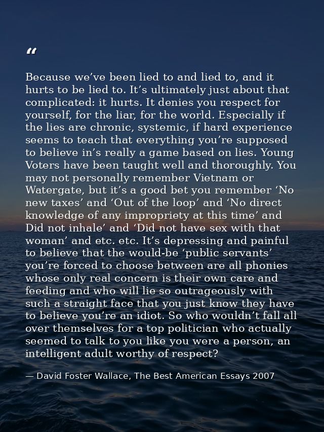 Because we’ve been lied to and lied to, and it hurts to be lied to. It’s ultimately just about that complicated: it hurt — David Foster Wallace, The Best American Essays 2007