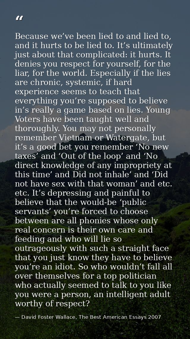 Because we’ve been lied to and lied to, and it hurts to be lied to. It’s ultimately just about that complicated: it hurt — David Foster Wallace, The Best American Essays 2007