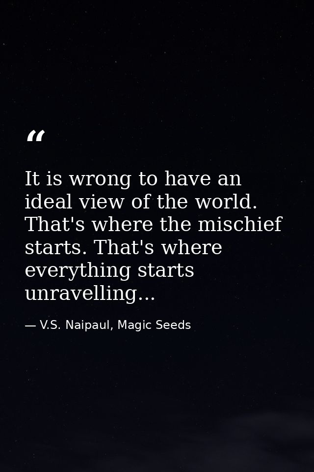 It is wrong to have an ideal view of the world. That's where the mischief starts. That's where everything starts unravel — V.S. Naipaul, Magic Seeds