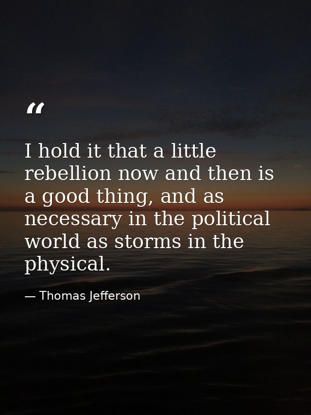 I hold it that a little rebellion now and then is a good thing, and as necessary in the political world as storms in the — Thomas Jefferson