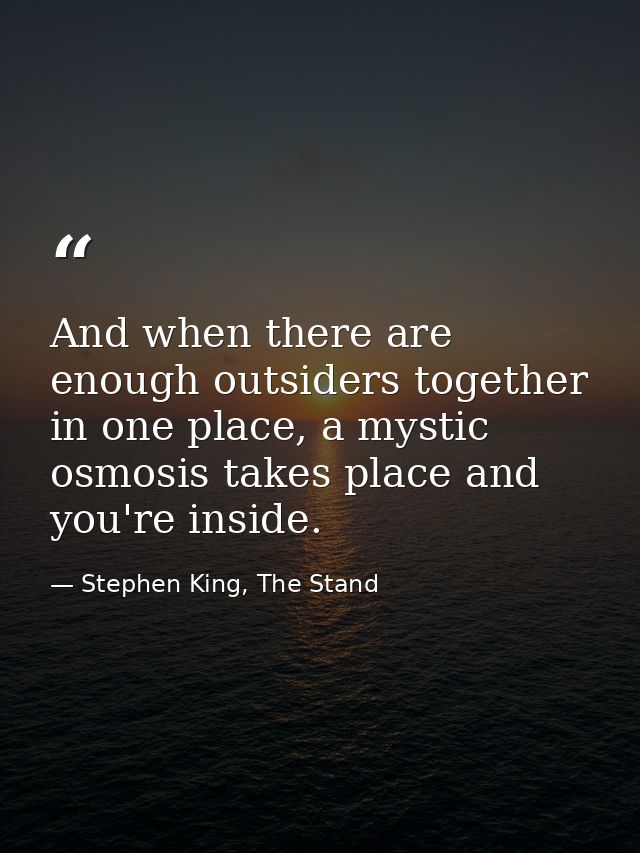 And when there are enough outsiders together in one place, a mystic osmosis takes place and you're inside. — Stephen King, The Stand