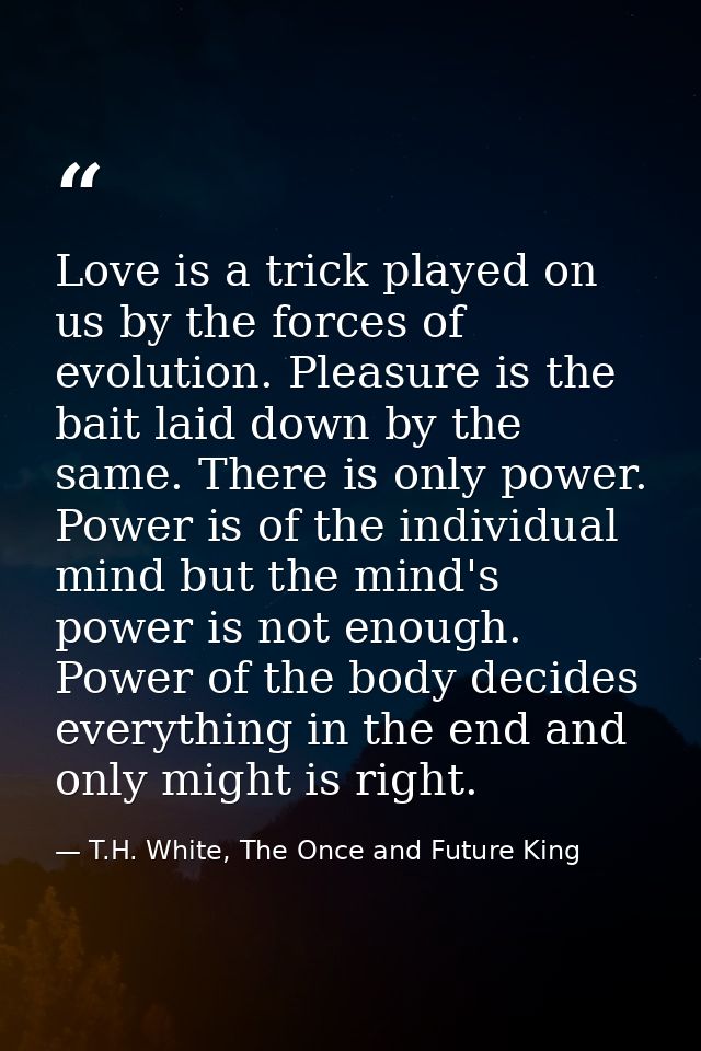 Love is a trick played on us by the forces of evolution. Pleasure is the bait laid down by the same. There is only power — T.H. White, The Once and Future King