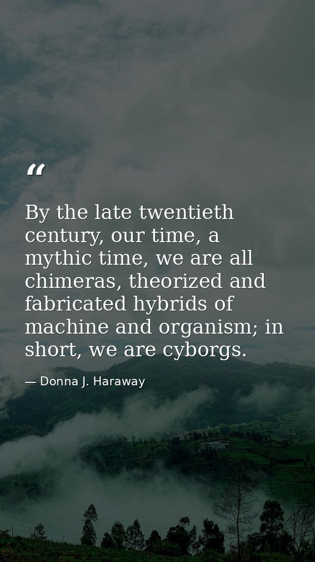 By the late twentieth century, our time, a mythic time, we are all chimeras, theorized and fabricated hybrids of machine — Donna J. Haraway