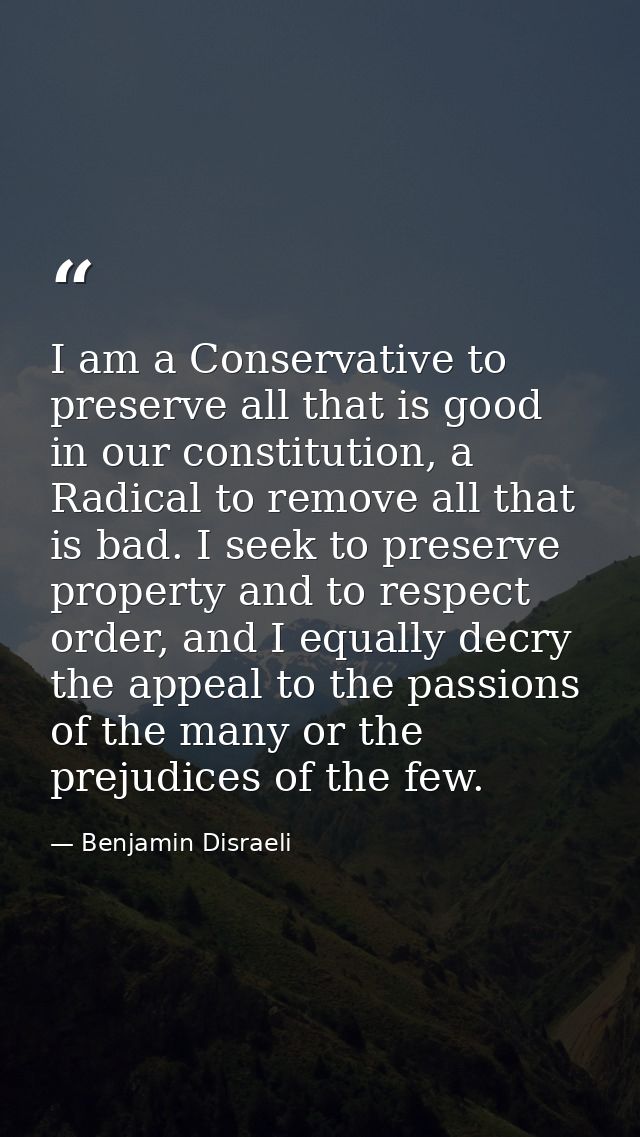 I am a Conservative to preserve all that is good in our constitution, a Radical to remove all that is bad. I seek to pre — Benjamin Disraeli