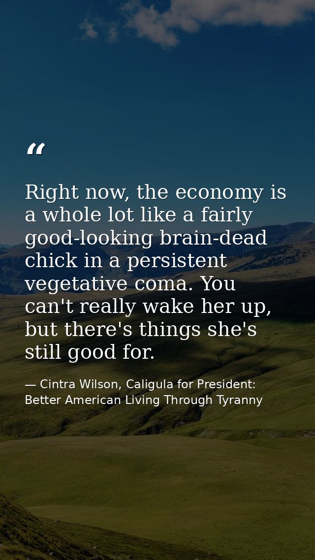 Right now, the economy is a whole lot like a fairly good-looking brain-dead chick in a persistent vegetative coma. You c — Cintra Wilson, Caligula for President: Better American Living Through Tyranny