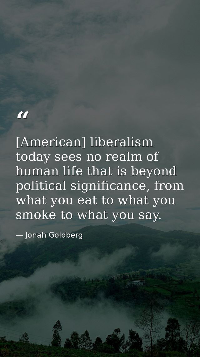 [American] liberalism today sees no realm of human life that is beyond political significance, from what you eat to what — Jonah Goldberg