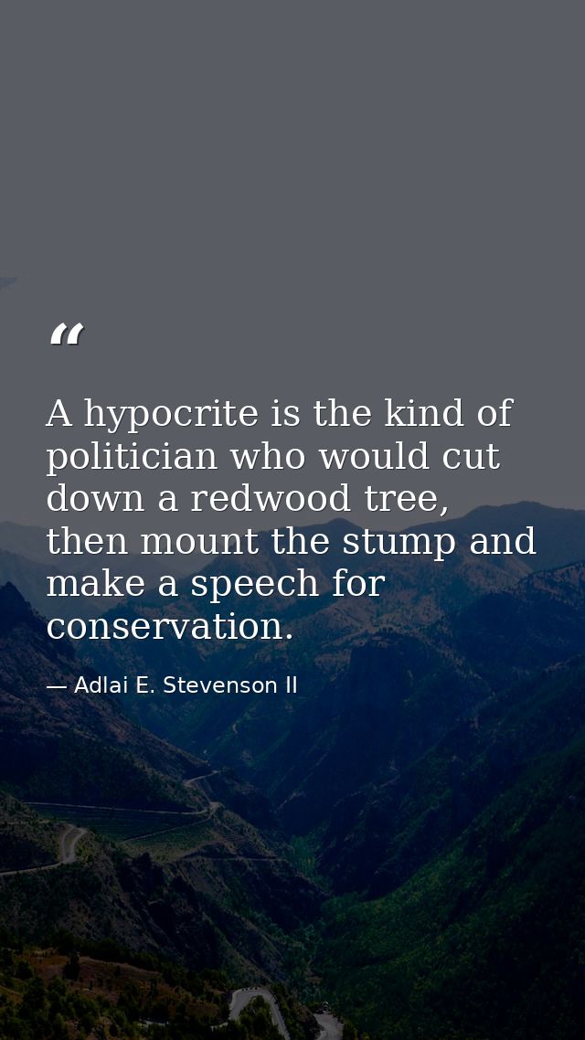 A hypocrite is the kind of politician who would cut down a redwood tree, then mount the stump and make a speech for cons — Adlai E. Stevenson II