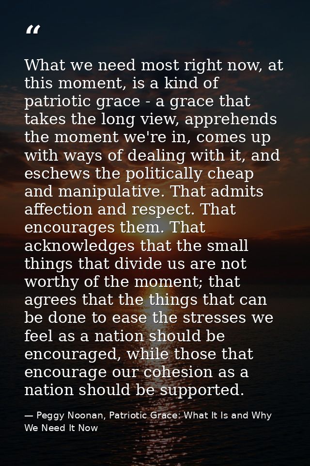 What we need most right now, at this moment, is a kind of patriotic grace - a grace that takes the long view, apprehends — Peggy Noonan, Patriotic Grace: What It Is and Why We Need It Now