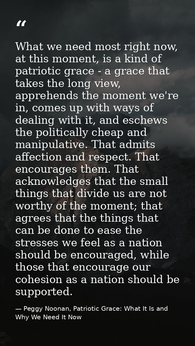 What we need most right now, at this moment, is a kind of patriotic grace - a grace that takes the long view, apprehends — Peggy Noonan, Patriotic Grace: What It Is and Why We Need It Now