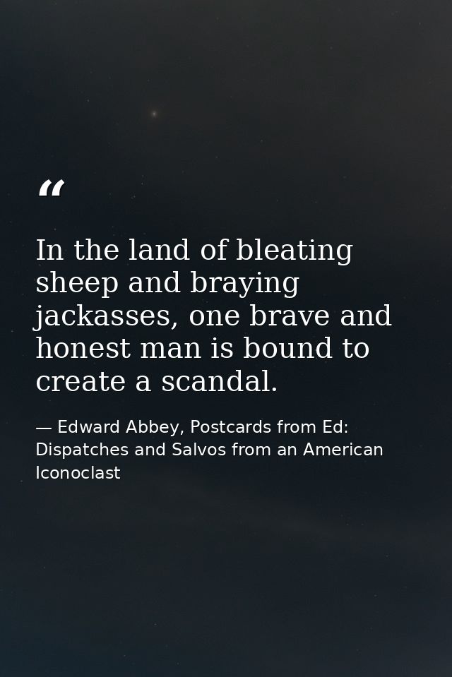 In the land of bleating sheep and braying jackasses, one brave and honest man is bound to create a scandal. — Edward Abbey, Postcards from Ed: Dispatches and Salvos from an American Iconoclast